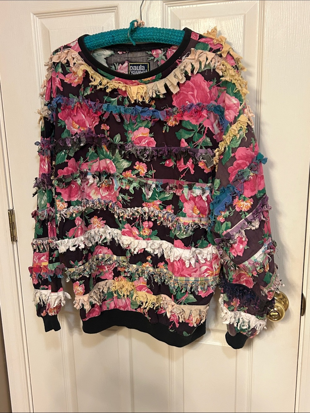 Paula Sweet Black Floral Fringe Crewneck Sweater